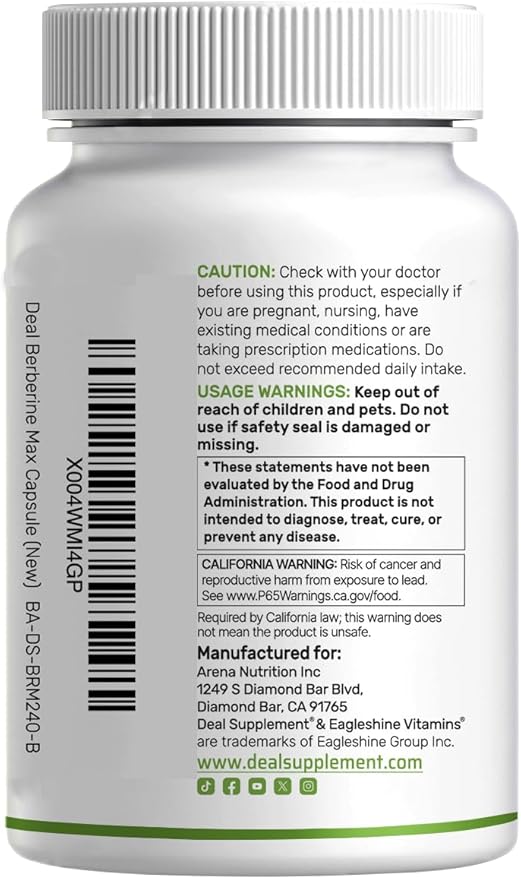 DEAL SUPPLEMENT Berberine Max Supplement with Turmeric, 5000 mg** Per Serving, 240 Vegetarian Capsules | Berberine HCl with Turmeric Root Extract | Non-GMO