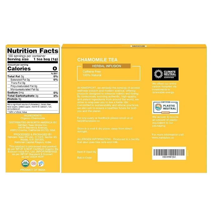 HANDPICK, Organic Chamomile Tea Bags (100 Herbal Tea Bags) Caffeine Free| Premium Floral Chamomile Herbal Tea in Eco-Conscious Teabags | Direct from Source