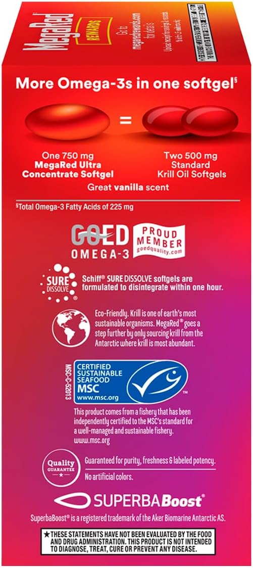 MegaRed Ultra Concentrate 750mg Omega-3 Krill Oil Fatty Acid Supplement with EPA/DHA, Antioxidant Astaxanthin, No Fish Oil Aftertaste Supports Heart Health, 80 Count Softgels (2 Pack)