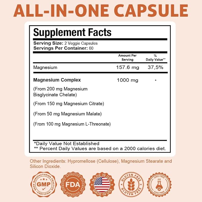 Health Dose Triple Magnesium Complex 1000 mg | L-Threonate, Bisglycinate, Citrate & Malate Blend | Support for Muscle Relaxation, Sleep & Cognitive Function | 120 Capsules | All-in-One Formula (2)