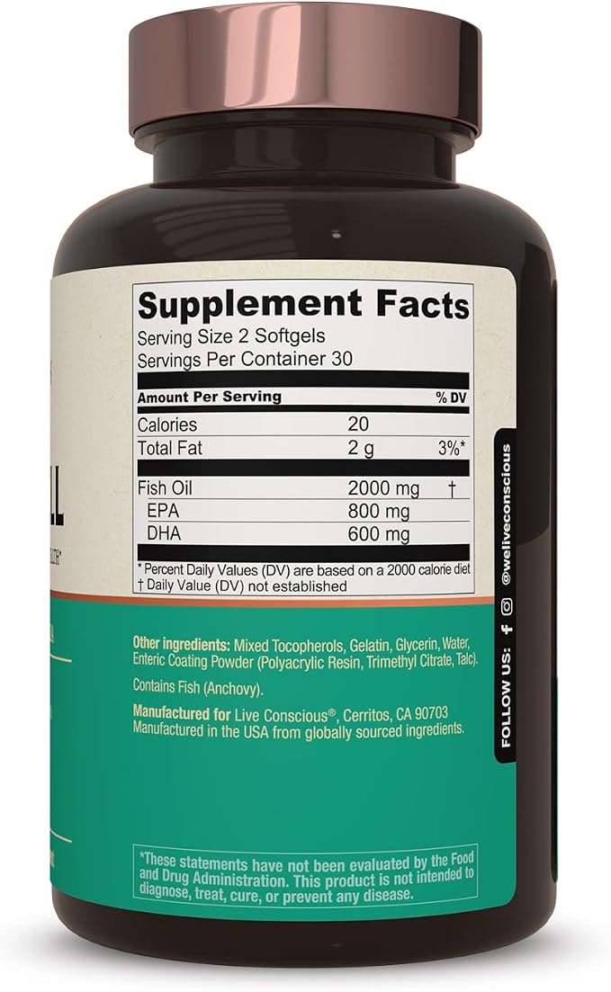 Live Conscious OmegaWell Fish Oil: Heart, Brain, and Joint Support | 800 mg EPA 600 mg DHA - Enteric-Coated, Sustainably Sourced - Easy to Swallow 120 Count (2-Pack)