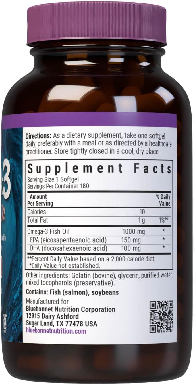 BlueBonnet Omega 3 1000mg Salmon Oil EPA DHA Essential Fatty Acids - Heart Health Supplement for Women & Men - Molecularly Distilled, Triglyceride Form Omega-3 Wild Salmon Fish Oil - 180 Softgels