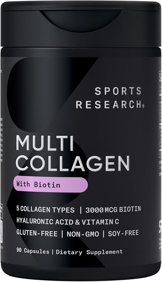 Sports Research® Biotin-Infused Collagen Peptides Complex with Hyaluronic Acid – 5 Multi Collagen Types for Hair, Skin & Joint Support* - Gluten Free · Non-GMO · 90 Capsules
