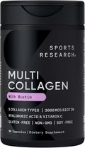 Sports Research® Biotin-Infused Collagen Peptides Complex with Hyaluronic Acid – 5 Multi Collagen Types for Hair, Skin & Joint Support* - Gluten Free · Non-GMO · 90 Capsules