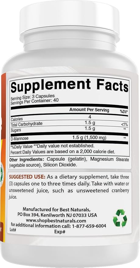 Best Naturals D-Mannose 1500 mg Per Serving 120 Capsules (Pack of 3)