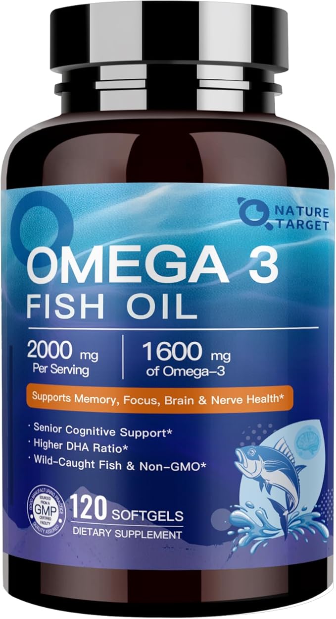 NATURE TARGET Omega 3 Fish Oil 1600mg, High-Purity Omega 3 EPA DHA with PS & CoQ10, Fish Oil Supplements for Heart Health, Brain Function & Memory, Advanced Absorption, Non-GMO, 120 Softgels