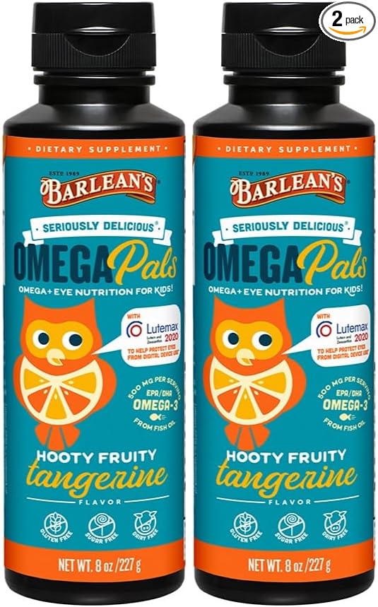 Barlean's Omega 3 Fish Oil Liquid Supplement for Kids, 500 mg of EPA and DHA Fatty Acid for Brain & Eye Health, Hooty Fruity Tangerine, 8 oz, 2 Pack