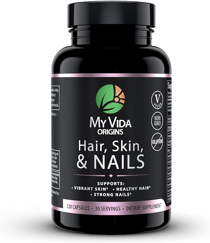 My Vida Origins Hair Skin and Nails | Thicker Hair, Stronger Nails, Vibrant Skin | Supports Natural Beauty | Zinc, Biotin, Vitamin E | Vegan 120 Capsules 1 Month Supply