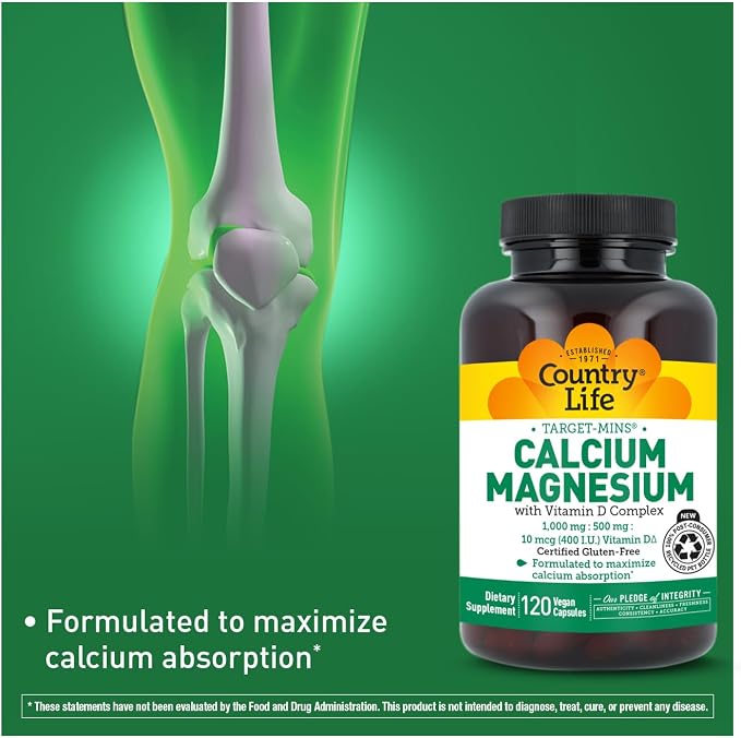 Country Life Target-Mins Calcium Magnesium with Vitamin D-Complex, 1000mg/500mg/10mcg, 120 Vegan Capsules, Certified Gluten Free, Certified Vegan, Verified Non-GMO Verified