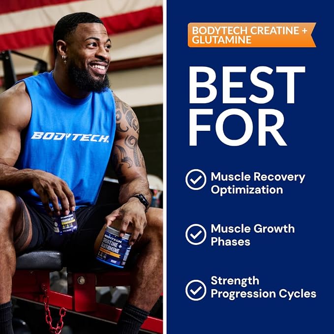 BodyTech Creatine + Glutamine with Beta Alanine Powder, Supports Training & Recovery, Pre Workout & Post Workout Supplement for Men & Women, Unflavored, Gluten Free, 10.8 Oz, 30 Servings