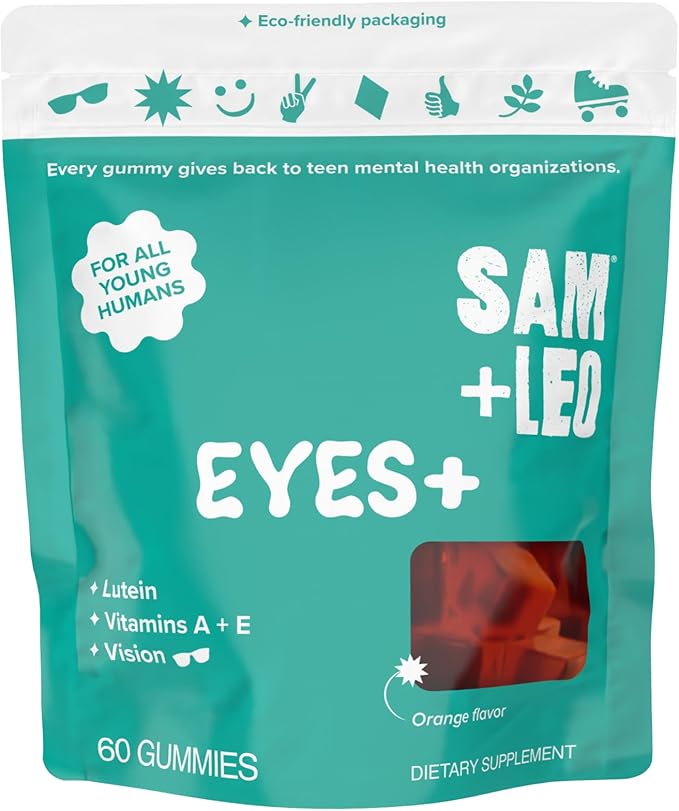 SAM+LEO Eye Vitamin Gummies with Lutein & Zeaxanthin for Kids & Teens - Eye & Vision Health Support Supplement Gummies + Vitamins A, E, & C | Vegan & Gluten Free Supplement - Orange Flavor (60 ct)