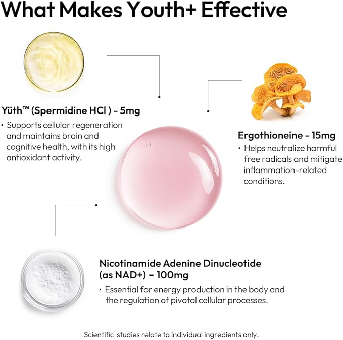 BIGVITA Youth+ | NAD+, Spermidine, and Ergothioneine Shots for Anti-Aging, Energy, Skin & Hair Health, Cognitive Support | Ready-to-Drink Supplement | Beauty from Within | Vegan, Made in USA