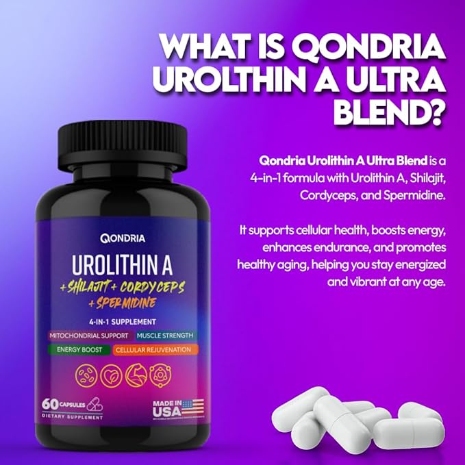Urolithin A Supplement 500mg with 4-in-1 Power Blend of Spermidine 10mg, Shilajit 300mg & Cordyceps 400mg Per Serving - Boosts Cellular Energy, Strength, Longevity, Immunity & Healthy Aging