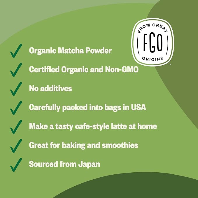 FGO Organic Matcha Green Tea Powder - Organic Matcha for Lattes, Smoothies & Baking - USDA Organic & Non-GMO - 4 oz Resealable Bag