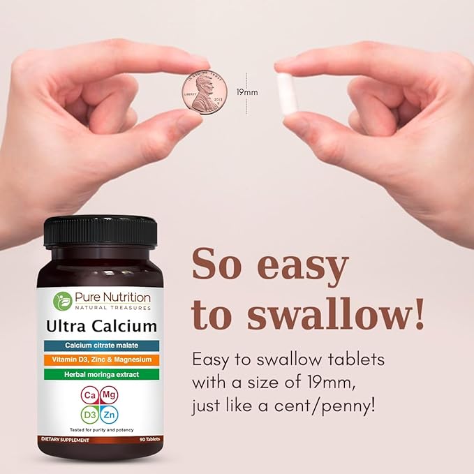 Pure Nutrition Ultra Calcium 1000mg with VIT D3 + K | 180 Tabs (90 X Pack of 2) | Calcium Supplement with Calcium Citrate Malate, VIT D3, K, Moringa Oleifera, Magnesium and Zinc.