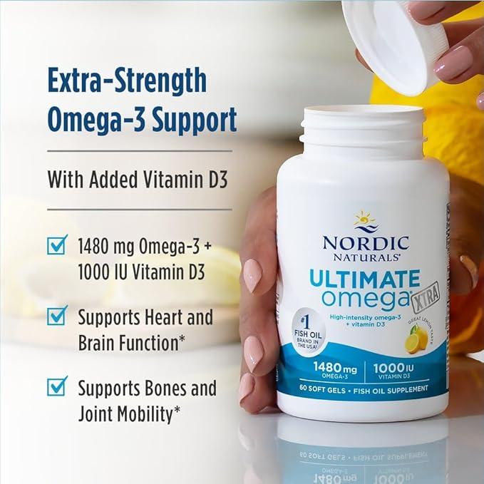 Nordic Naturals Ultimate Omega Xtra, Lemon Flavor - 60 Soft Gels - 1480 mg Omega-3 + 1000 IU Vitamin D3 - EPA & DHA - Brain, Heart, & Immune Health - 30 Servings