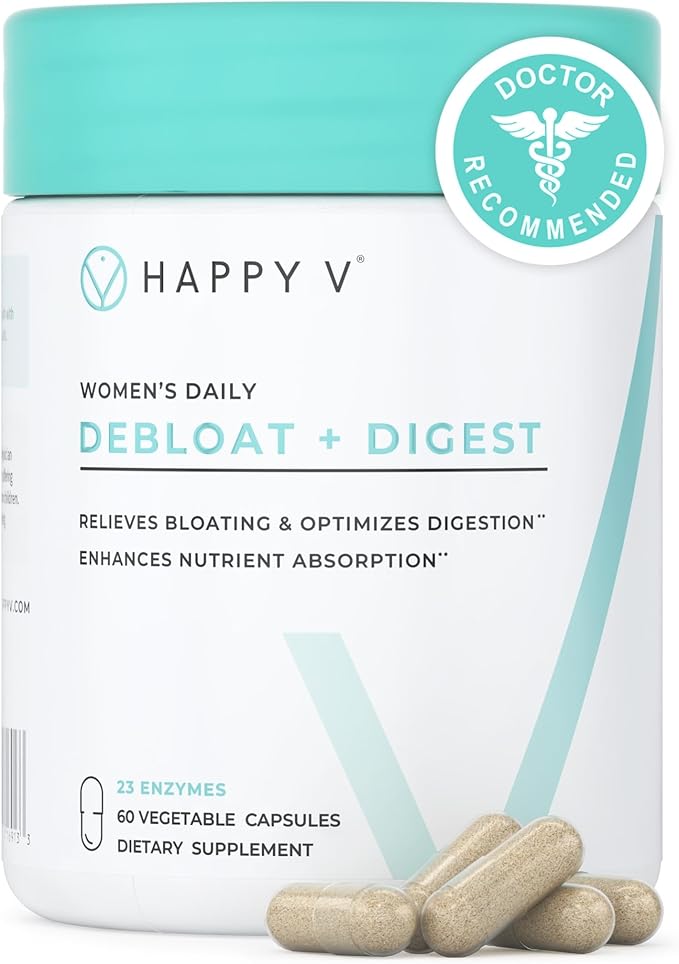 Happy V Debloat + Digest – Digestive Enzymes for Women to Support Bloating, Gas, Constipation, Gut Health, and Nutrient Absorption – Stomach Comfort & Digestion Support Supplement – 60 Vegan Capsules