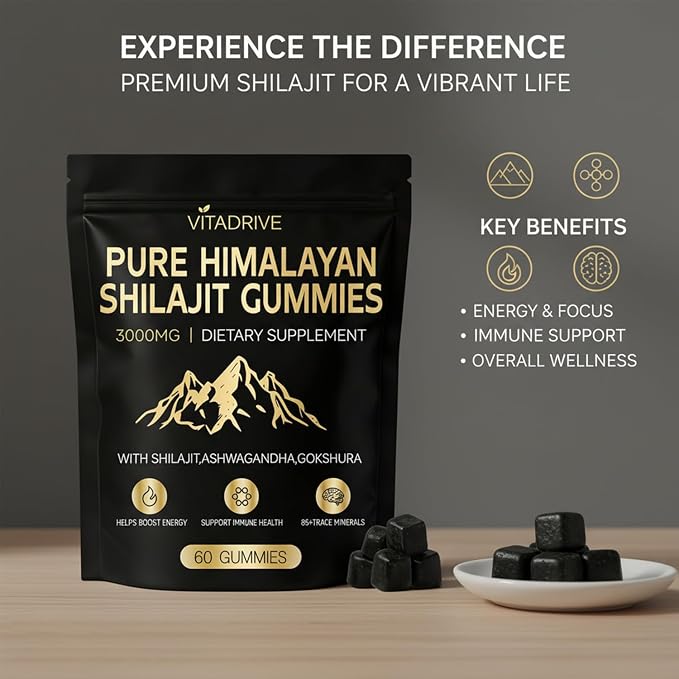 Himalayan Natural Shilajit Gummies, Shilajit Gold Gummies Energy Boost, 85+ Trace Minerals and Fulvic Acid for Energy Boost, All-Natural Sugar-Free Vegan for Men & Women, 60 Count