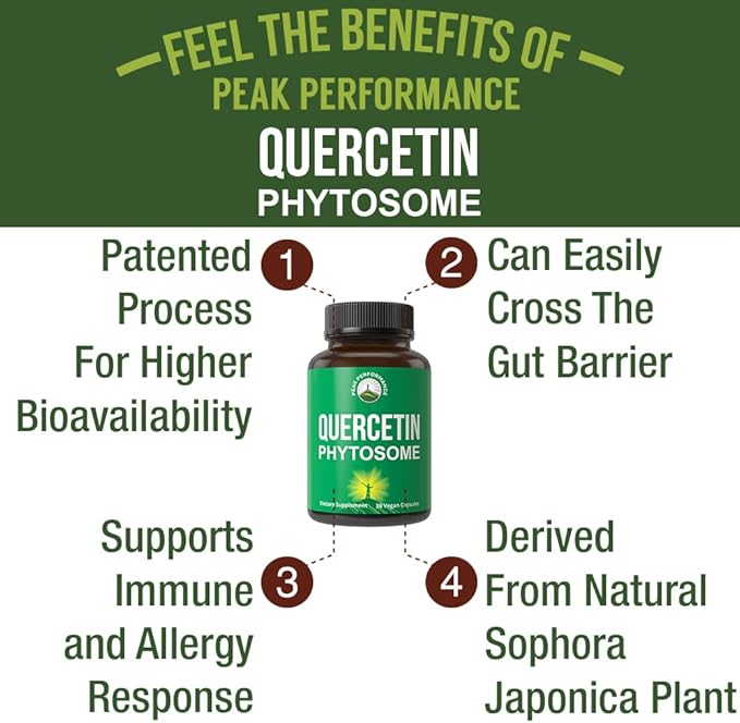 Peak Performance Ultra Pure Quercetin Phytosome Vegan Capsules - Rich Sophora Japonica Extract for Max Absorption Now. Quercetin 250mg Supplement Capsules. Made in USA
