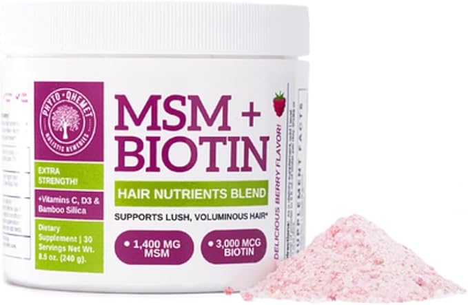 Qhemet Biologics MSM + Biotin Hair Nutrient Drink Mix - Vitamins Powder to Support Lush Volume - Bamboo Silica & Vitamins D3 + B12 for Hair Health - Jumpstart Your Hair Growth Journey (8.5 oz)