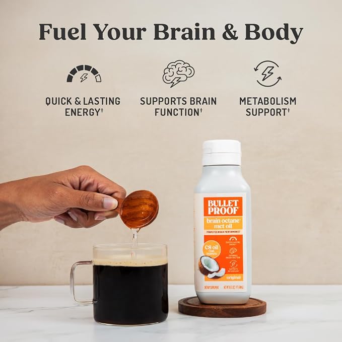 Bulletproof Brain Octane C8 MCT Oil, 16 oz – 100% Pure Coconut Oil, Triple-Distilled Keto Energy Supplement for Coffee & Smoothies, Unflavored, No Additives or Fillers, Non-GMO