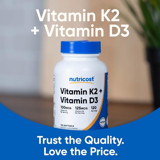 Nutricost Vitamin K2 (MK7) (100mcg) + Vitamin D3 (5000 IU) 120 Softgels - Gluten Free and Non-GMO (Pack of 2)