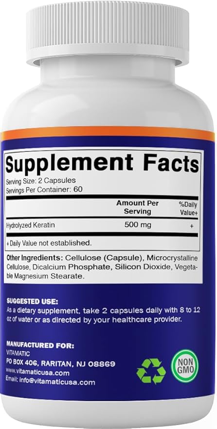 Vitamatic Hydrolyzed Keratin 500mg per Serving - 120 Vegetarian Capsules - Keratin Supplements for Healthy Hair Skin & Nails for Adults (Pack of 2)