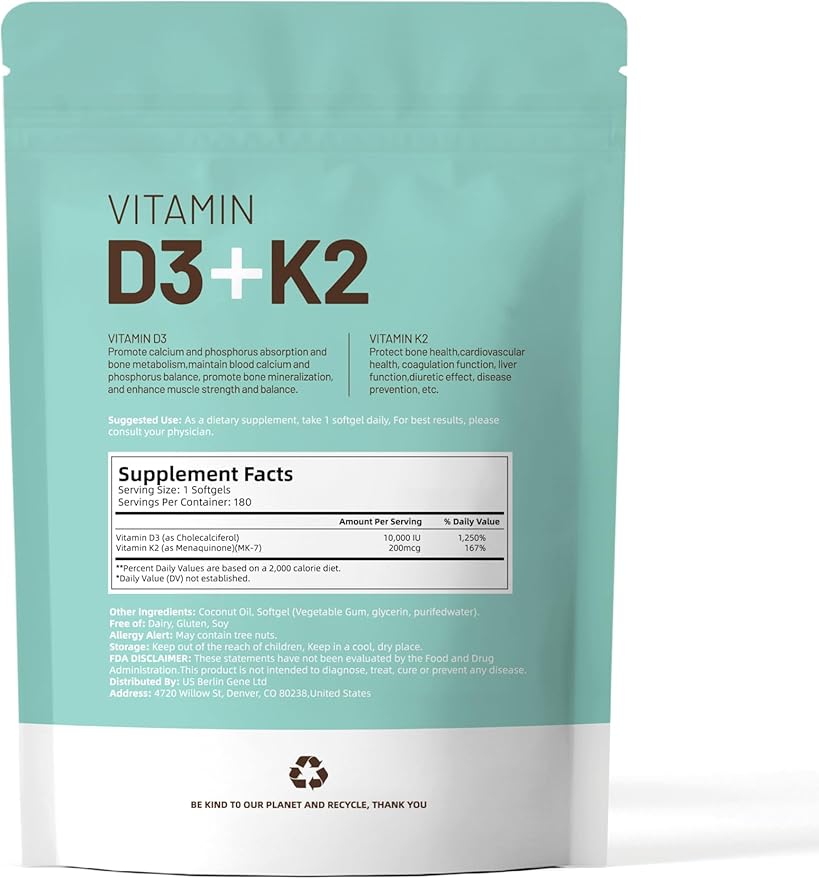 VivoNu Vitamin D3 K2 10000 IU with MK7-300 Virgin Coconut Oil Softgels, 2 in 1 Vitamins D & K Complex | Vitamina D3 con K2 (180 Capsules per / 1Bag)