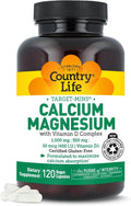 Country Life Target-Mins Calcium Magnesium with Vitamin D-Complex, 1000mg/500mg/10mcg, 120 Vegan Capsules, Certified Gluten Free, Certified Vegan, Verified Non-GMO Verified