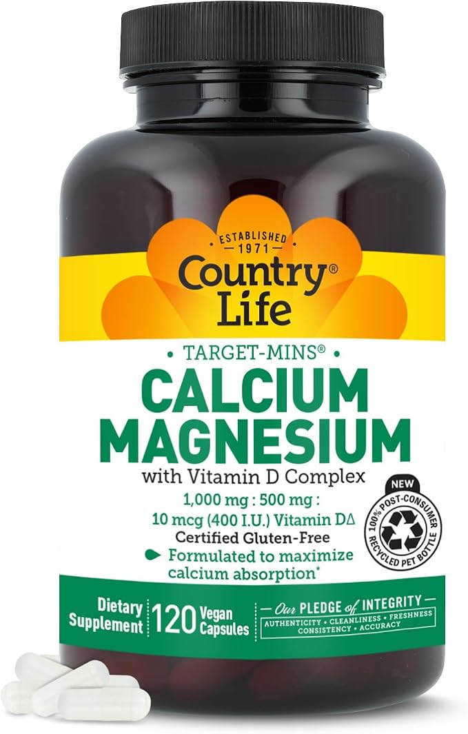 Country Life Target-Mins Calcium Magnesium with Vitamin D-Complex, 1000mg/500mg/10mcg, 120 Vegan Capsules, Certified Gluten Free, Certified Vegan, Verified Non-GMO Verified