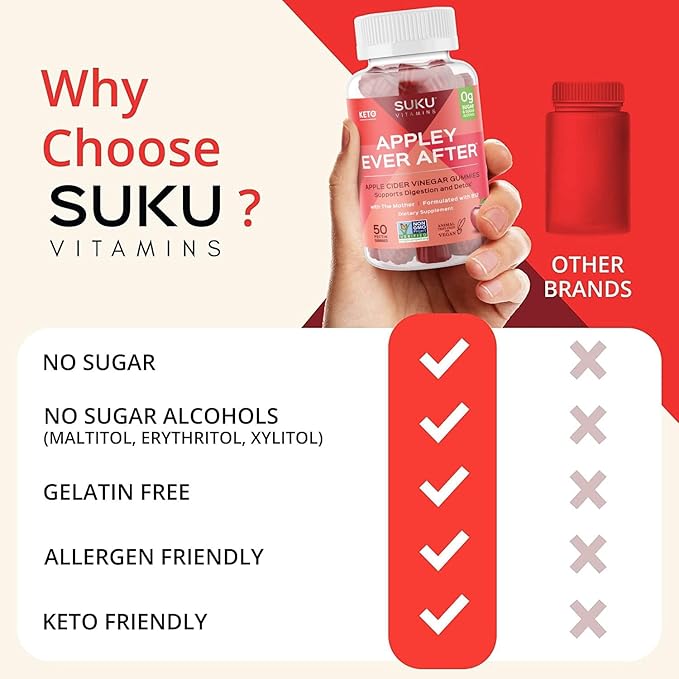 SUKU Appley Ever After Gummies – Apple Cider Vinegar with Methylated B12 & Folate – Sugar-Free, Gluten-Free, Vegan Detox & Energy Support – Amazing Apple Flavor – 50 Count