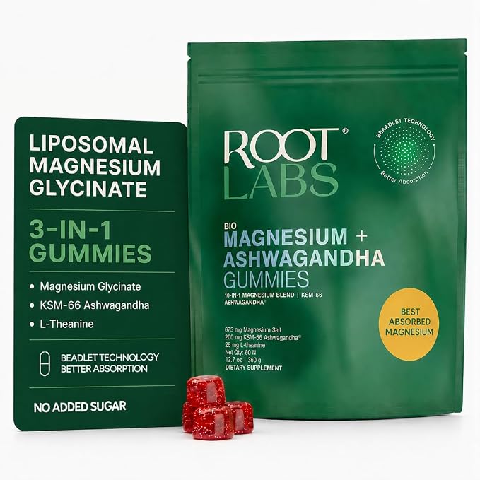 Root Labs Magnesium Glycinate Gummies 675mg | Ashwagandha, L-Theanine | Stress Relief, Sleep Support & Recovery | 60 Gummies
