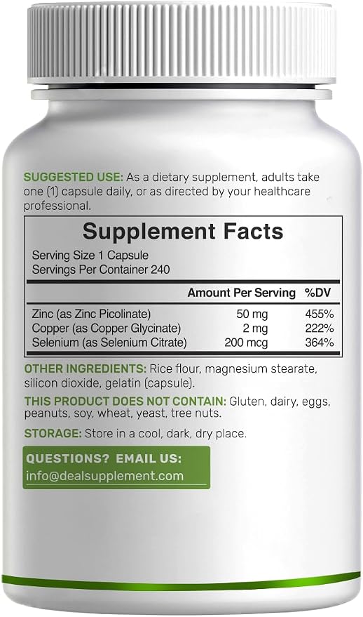 Deal Supplement Zinc 50mg with Selenium + Copper, 240 Capsules, 8 Month Supply, 3 in 1 Mineral Formula, Zinc Picolinate Complex Supplement, Supports Healthy Immune System for Adults and Kids