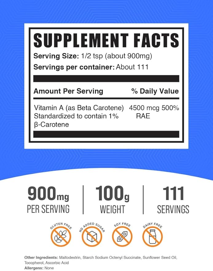 BulkSupplements.com Beta Carotene Powder - Beta Carotene Supplement, Vitamin A Supplement for Immune and Vision Support - Gluten Free, 900mg per Serving, 100g (3.5 oz) (Pack of 1)