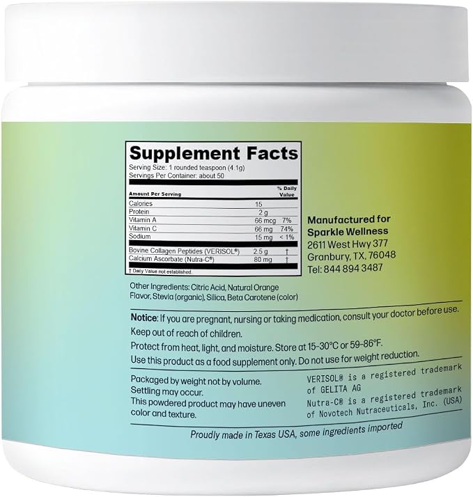 Sparkle Wellness VERISOL Bioactive Hydrolyzed Collagen Peptides | Collagen Powder Supplement with Vitamin C for Skin, Hair & Nail Health | Skin Boost (Orange) [50-Serves]