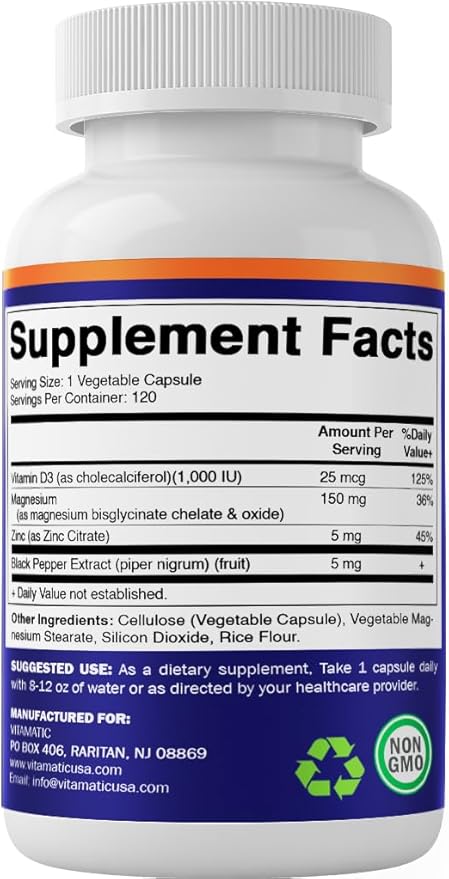 Vitamatic Magnesium (from Bisglycinate & Oxide) with Vitamin D3 & Zinc - 120 Veg Capsules - Supports Muscle, Joint, Nerve & Heart Health – Non-GMO, Gluten-Free
