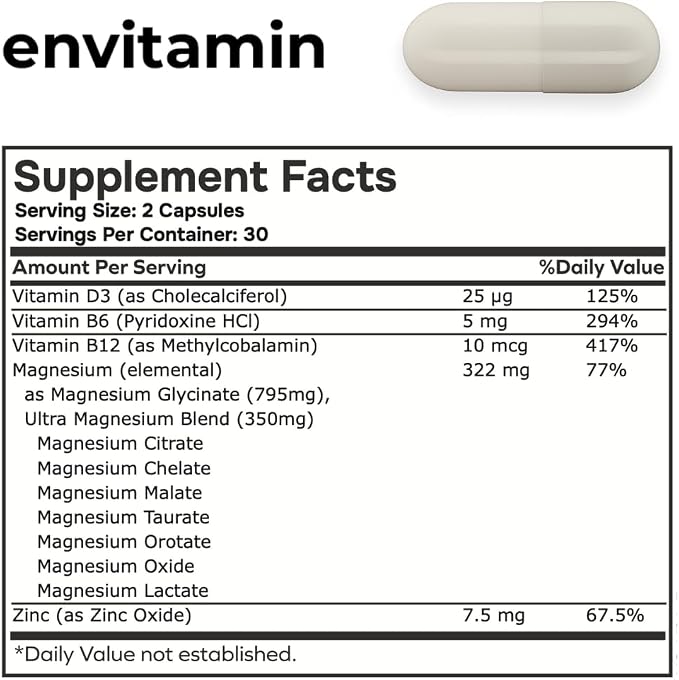 envitamin Ultra Magnesium Glycinate - 8 in 1 Formula with Methylated Vitamin B12, Vitamin D3 and B6.