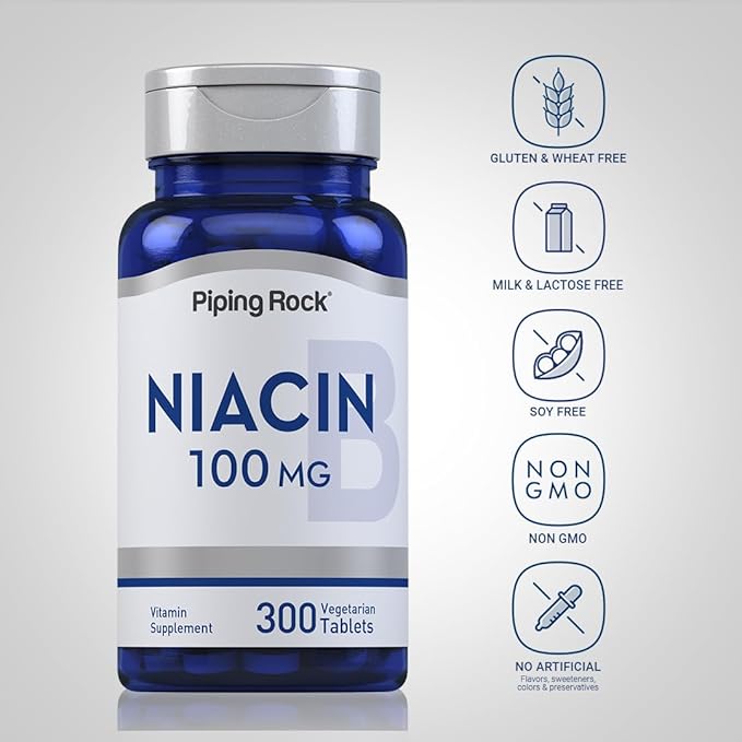 Piping Rock Niacin Supplement 100mg | 300 Tablets | Vitamin B3 for Men and Women | Nicotinic Acid with Flushing | Vegetarian, Non-GMO, Gluten Free