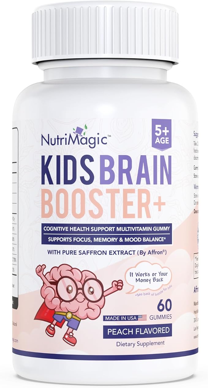 NutriMagic Kids Brain Booster+ Affron® Saffron Extract, 2IN1 Cognitive Support & Multivitamin D3, B6, B12, Zinc Gummies Supplement, Supports Focus, Attention, Memory, Mood Balance - 60 Peach Gummies