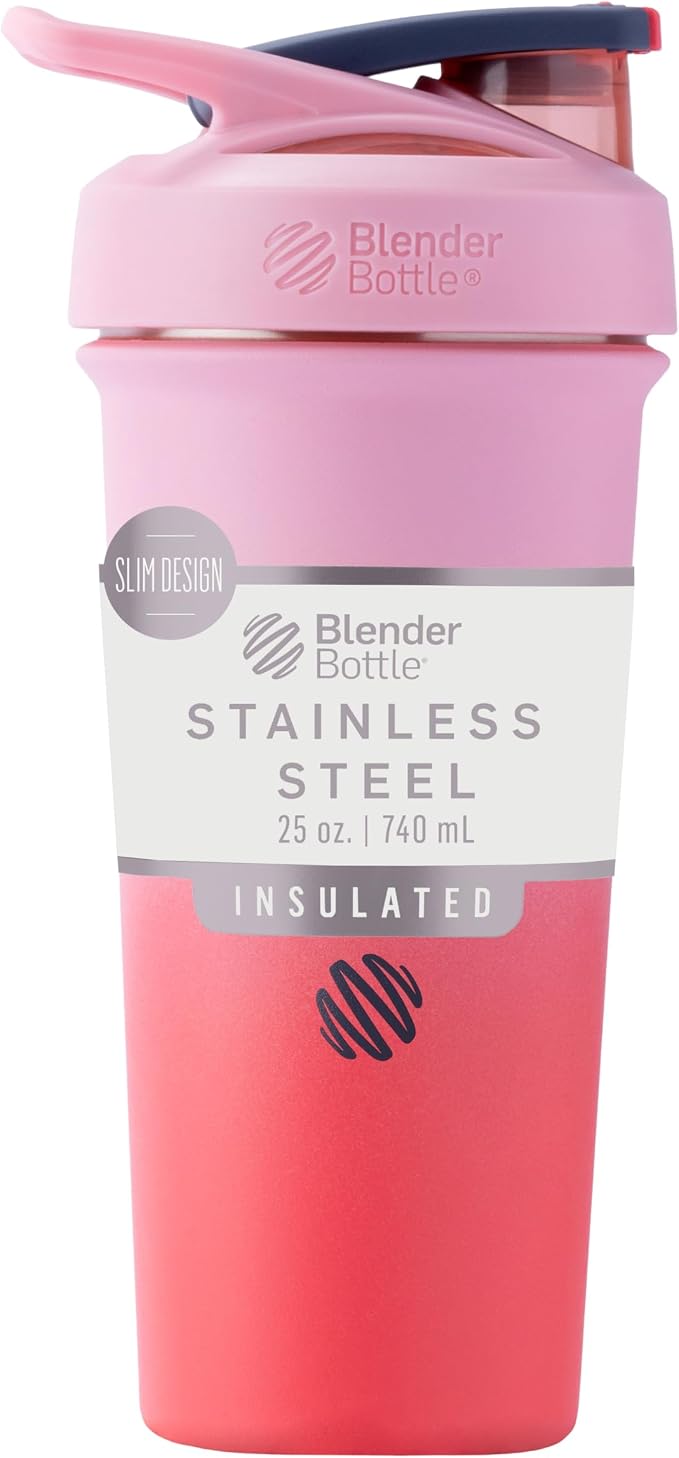 BlenderBottle Sport Sleek Insulated Stainless Steel Shaker Bottle with Wire Whisk, Protein Shakes & Hydration for Athletes & Fitness Enthusiasts, Lockable Lid, 25-Ounce, Flamingo Ombre