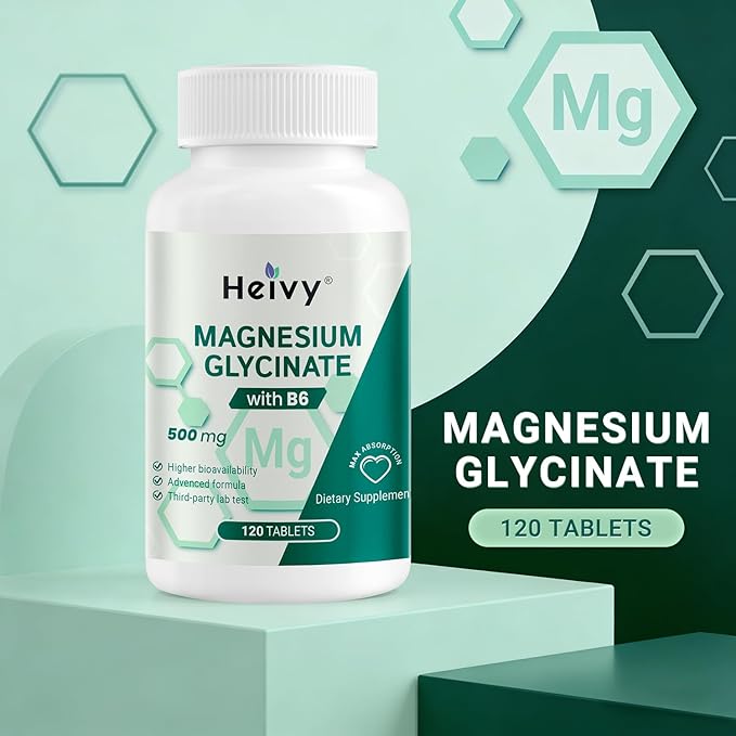 Heivy Pure Magnesium Glycinate 500mg, 100% Chelated & Purified Supports Nerve Relife, Sleep Aid & Muscle Support, Vegan & Non-GMO, Made in USA, 3rd Party Tested, 120 Tablets