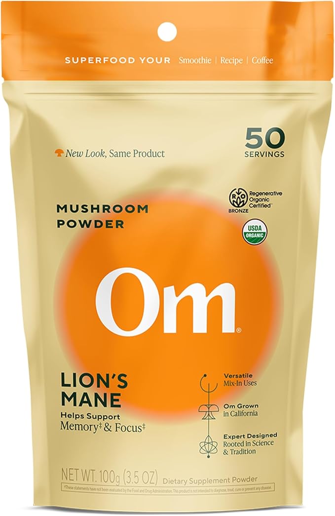 Om Lion’s Mane Mushroom Powder - Organic Mushroom Supplement and Nootropic - Support Memory, Focus and Nerve Health, 3.5 oz (50 Servings)