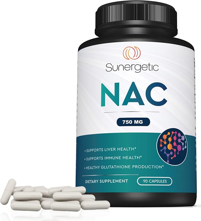 Sunergetic Premium NAC Supplement N-Acetyl Cysteine – 750mg Per Capsule – Supports Liver, Detox Immune, Cellular & Respiratory Health – 90 N Acetyl Cysteine Capsules