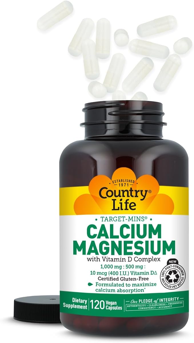 Country Life Target-Mins Calcium Magnesium with Vitamin D-Complex, 1000mg/500mg/10mcg, 120 Vegan Capsules, Certified Gluten Free, Certified Vegan, Verified Non-GMO Verified