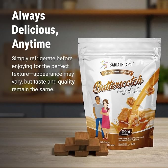 BariatricPal Sugar-Free Calcium Citrate Soft Chews | 500mg with Vitamin D & Probiotics | Butterscotch | 90 Count (1 Month Supply)