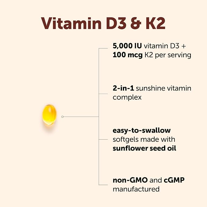 Micro Ingredients Vitamin D3 5,000 IU + K2 MK-7 100 mcg Per Serving, 90 Softgels | 2-in-1 D3 K2 Supplement | Easy-to-Swallow, Non-GMO, Gluten Free