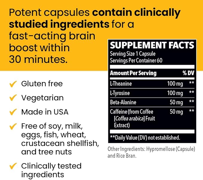 LifeSeasons NeuroQ - Quick Thinking Supplement Pills - Boosts Alertness + Supports Mental Focus - L-Theanine Caffeine L-Tyrosine & Beta-Alanine (60 Capsules)