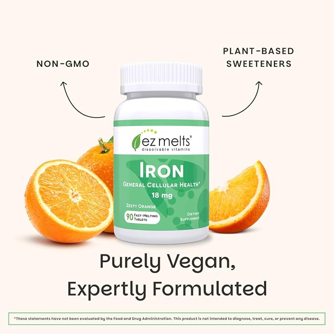 EZ Melts Iron - Supplement for Daily Energy & Iron Support - with Vitamin C - No Artificial Flavors - Non-GMO & Vegan - Zesty Orange - 90 Dissolvable Tablets (90 Servings)