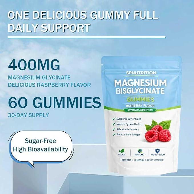 BELANO Spnutrition Magnesium Bisglycinate Gummies, 400mg per Serving, with Magnesium Bisglycinate Chelate, Sea Salt, Raspberry Fruit Powder, Strengthen Bones, Everyday Wellness, 60 Gummies