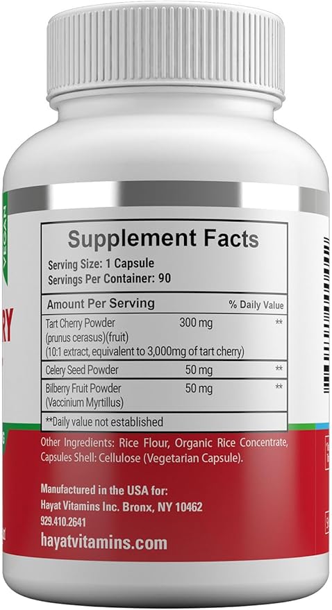 HAYAT Vitamins Vegan Natural Tart Cherry Extract 3000 MG, 3 Month Supply, Potent 10:1 Extract, All Natural, Certified Halal, 90 Capsules,